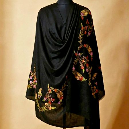 Black Kashmiri Woolen Shawl with Botanical Hand Embroidery